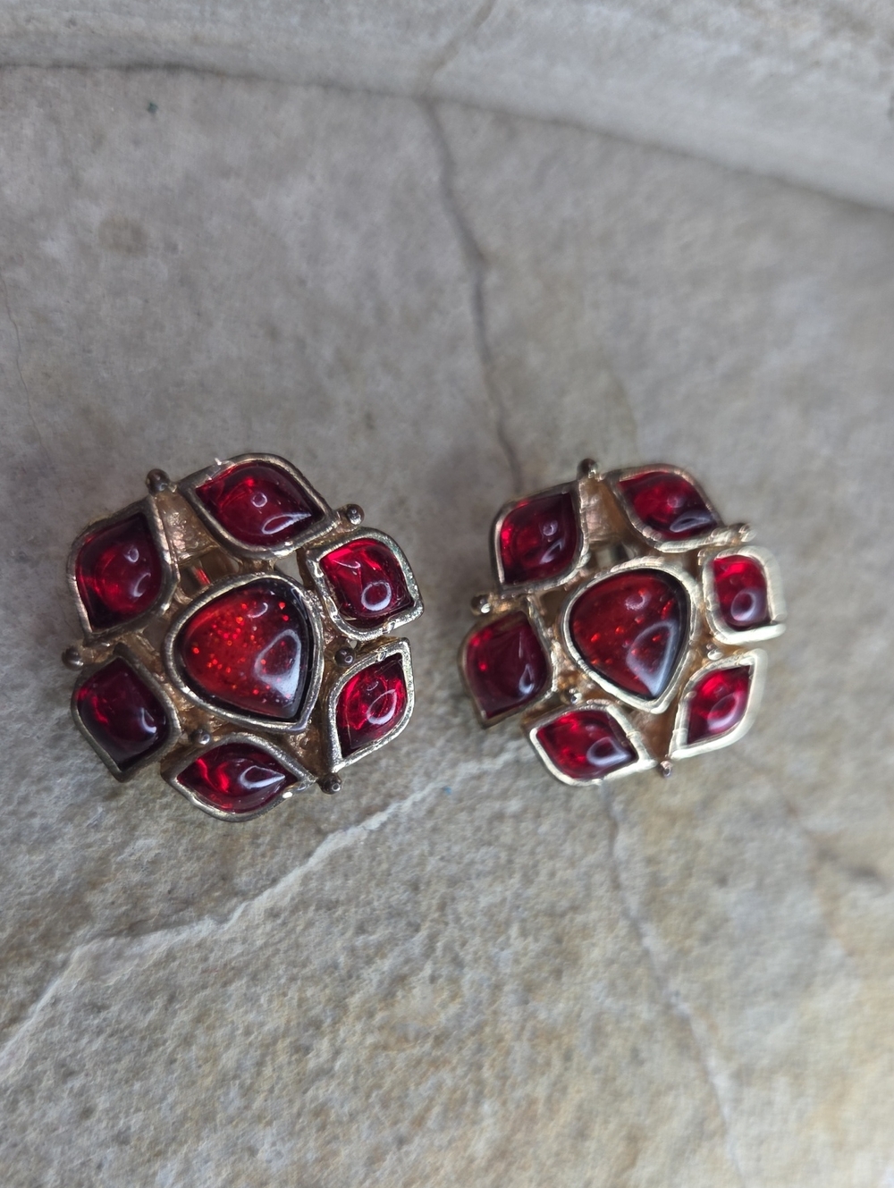 Vintage Red Cabochon Clipon Stud Earrngs